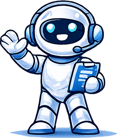 A VirtualPilotAI robot character demonstrating AI business solutions through data analytics and automated lead tracking.