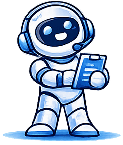 Three robot illustrations representing AI business solutions, including data analysis with a laptop and administrative support with a clipboard.